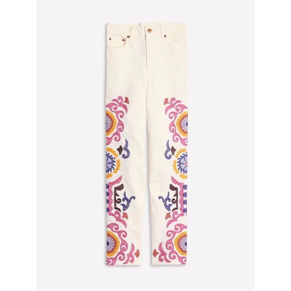 Boden High Rise Embroidered White Jeans, Bohemian, Size 33 Petite, Retail $109 - Picture 3 of 13